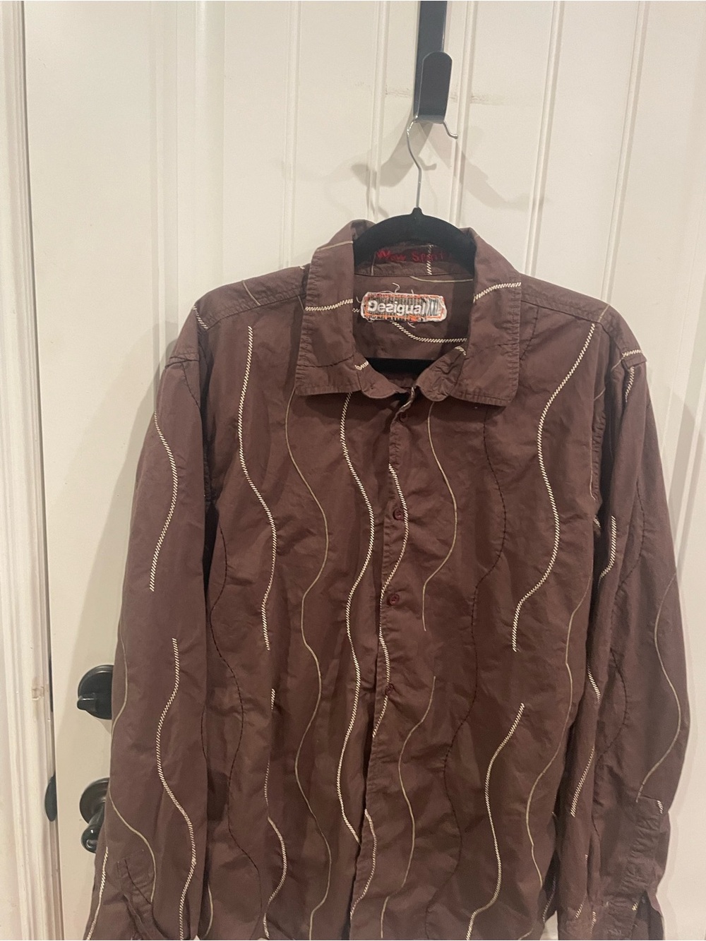 Desigual Men's Brown Button-Up Shirt Jacket with Wavy Stitching XXL